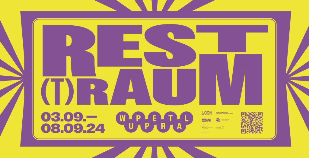 REST (T)RAUM event poster, 03.09-08.09.24, Wuppertal, yellow background with purple text and design elements