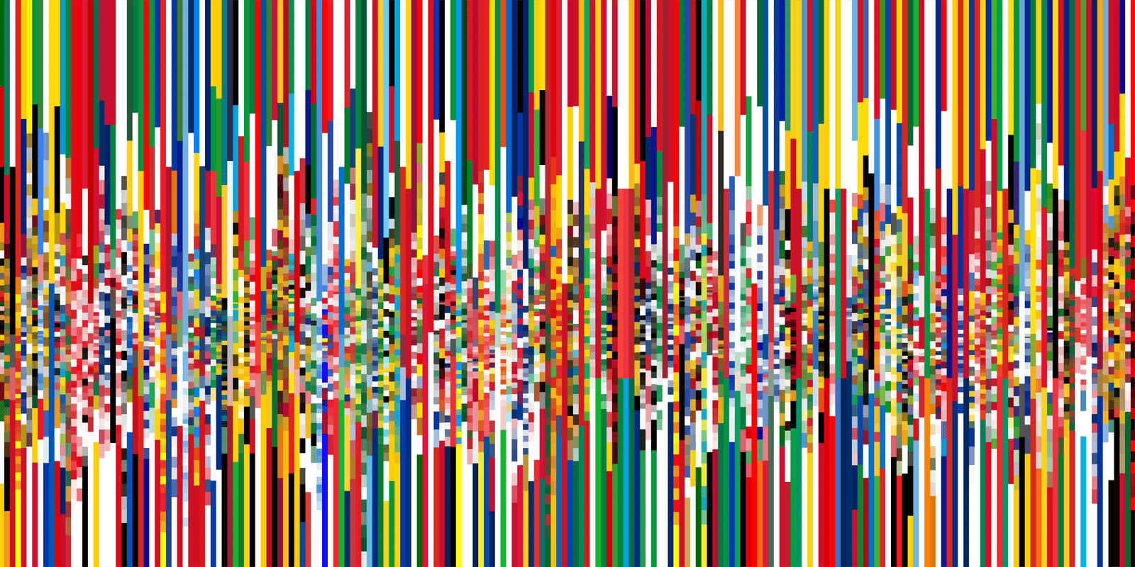 Abstract graphic of densely packed vertical stripes in flag colours — red, blue, green, yellow, black and white — that break apart into small pixelated fragments across the middle of the image.